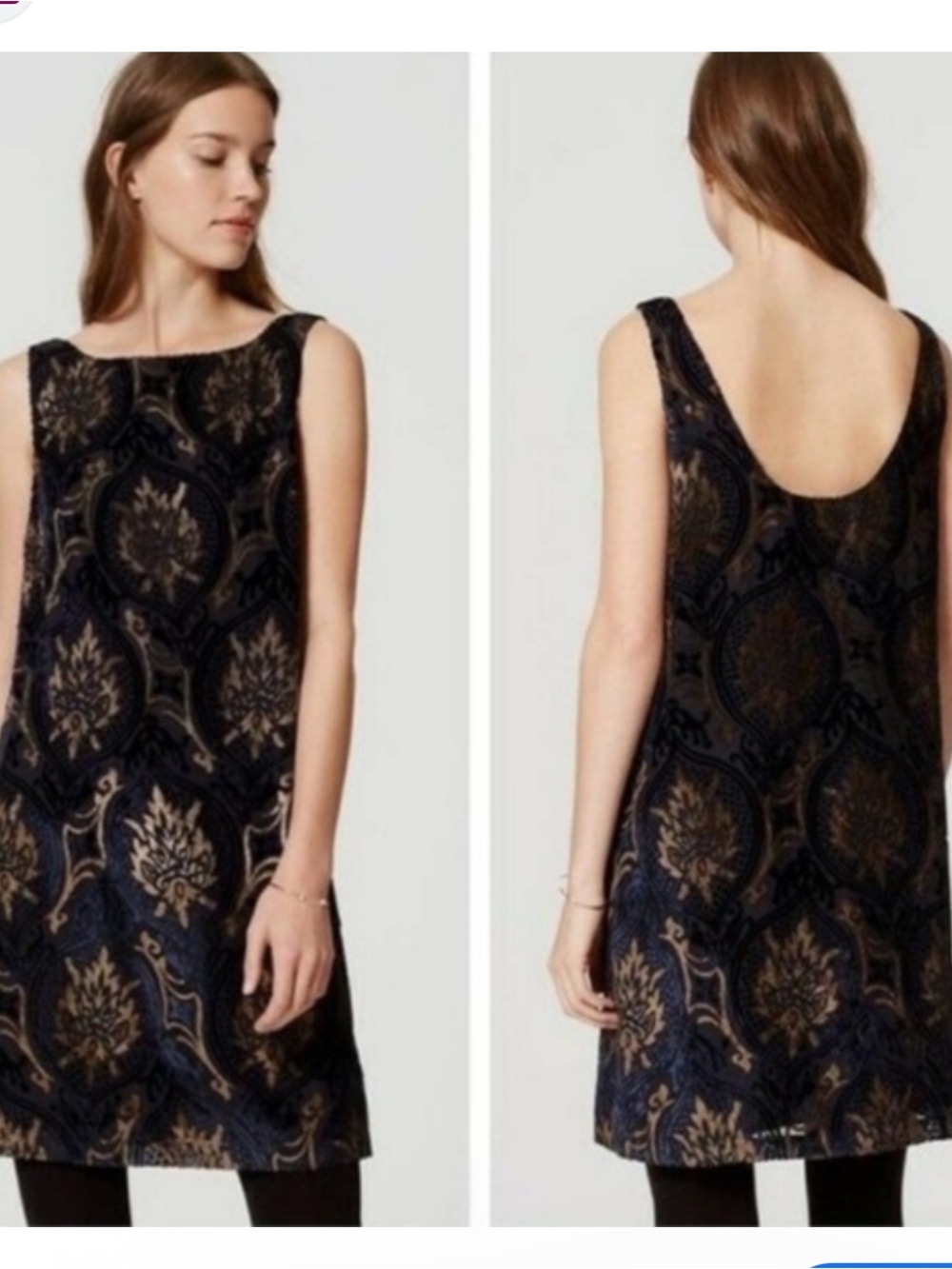 LOFT Velvet Burnout Dress Large Navy Brown Paisley Sheath Sleeveless Holidays